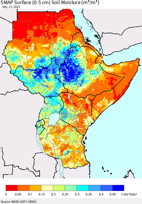 Eastern Africa SMAP Surface (0-5 cm) Soil Moisture (m³/m³) Thematic Map For 9/11/2023 - 9/15/2023