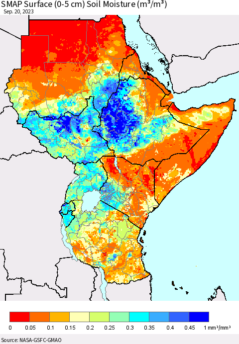 Eastern Africa SMAP Surface (0-5 cm) Soil Moisture (m³/m³) Thematic Map For 9/16/2023 - 9/20/2023