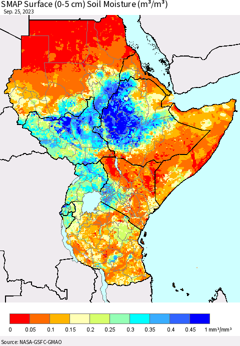 Eastern Africa SMAP Surface (0-5 cm) Soil Moisture (m³/m³) Thematic Map For 9/21/2023 - 9/25/2023