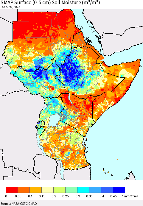 Eastern Africa SMAP Surface (0-5 cm) Soil Moisture (m³/m³) Thematic Map For 9/26/2023 - 9/30/2023