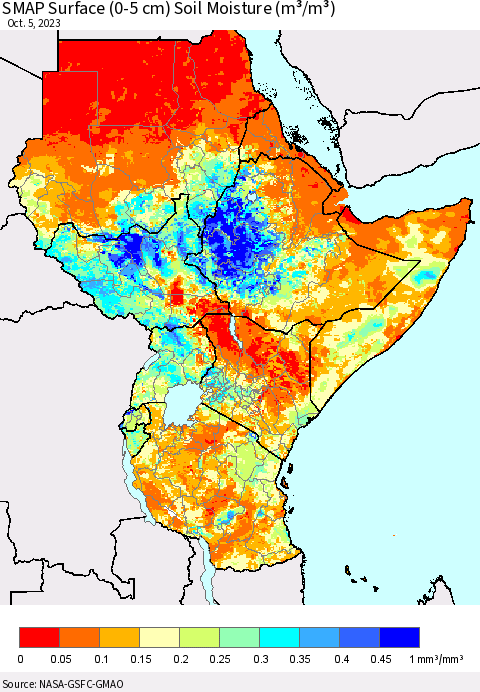 Eastern Africa SMAP Surface (0-5 cm) Soil Moisture (m³/m³) Thematic Map For 10/1/2023 - 10/5/2023