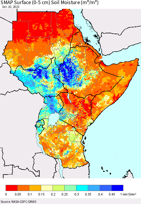 Eastern Africa SMAP Surface (0-5 cm) Soil Moisture (m³/m³) Thematic Map For 10/6/2023 - 10/10/2023