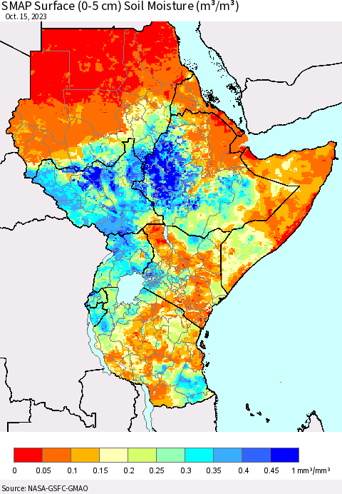 Eastern Africa SMAP Surface (0-5 cm) Soil Moisture (m³/m³) Thematic Map For 10/11/2023 - 10/15/2023