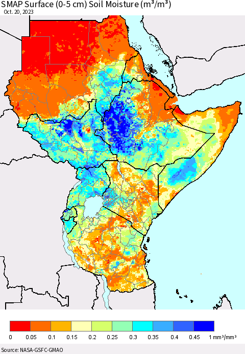 Eastern Africa SMAP Surface (0-5 cm) Soil Moisture (m³/m³) Thematic Map For 10/16/2023 - 10/20/2023