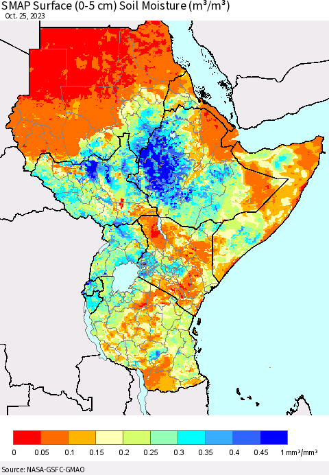Eastern Africa SMAP Surface (0-5 cm) Soil Moisture (m³/m³) Thematic Map For 10/21/2023 - 10/25/2023