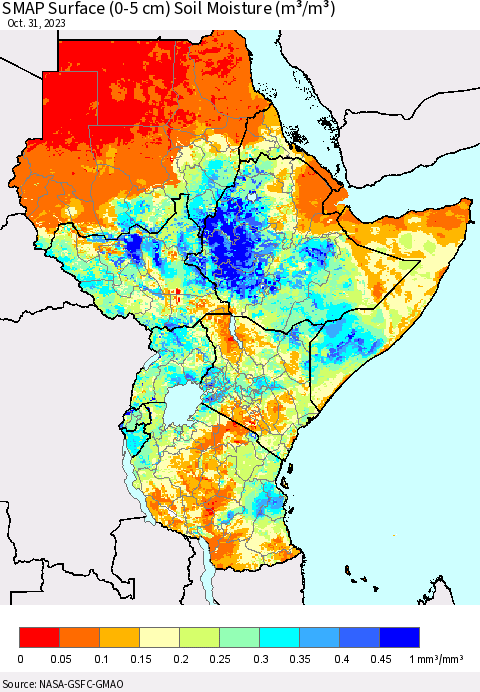 Eastern Africa SMAP Surface (0-5 cm) Soil Moisture (m³/m³) Thematic Map For 10/26/2023 - 10/31/2023