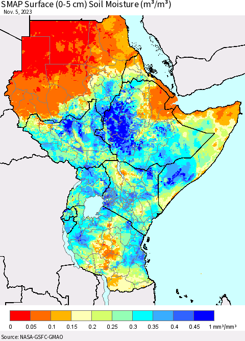Eastern Africa SMAP Surface (0-5 cm) Soil Moisture (m³/m³) Thematic Map For 11/1/2023 - 11/5/2023