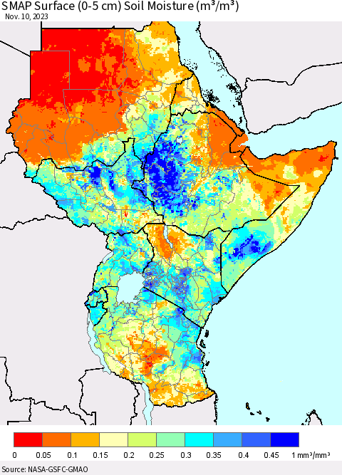 Eastern Africa SMAP Surface (0-5 cm) Soil Moisture (m³/m³) Thematic Map For 11/6/2023 - 11/10/2023