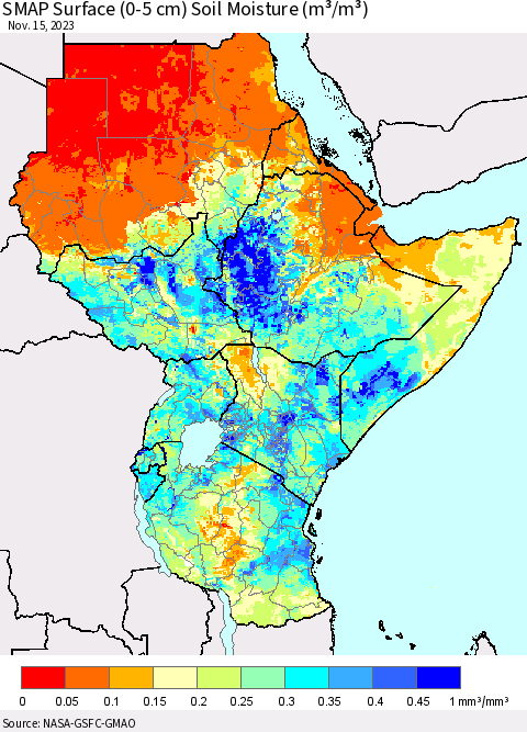 Eastern Africa SMAP Surface (0-5 cm) Soil Moisture (m³/m³) Thematic Map For 11/11/2023 - 11/15/2023