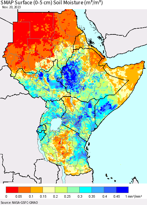 Eastern Africa SMAP Surface (0-5 cm) Soil Moisture (m³/m³) Thematic Map For 11/16/2023 - 11/20/2023