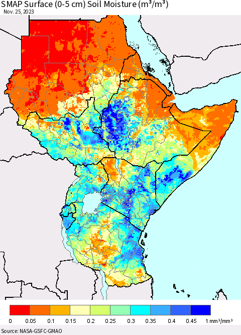 Eastern Africa SMAP Surface (0-5 cm) Soil Moisture (m³/m³) Thematic Map For 11/21/2023 - 11/25/2023