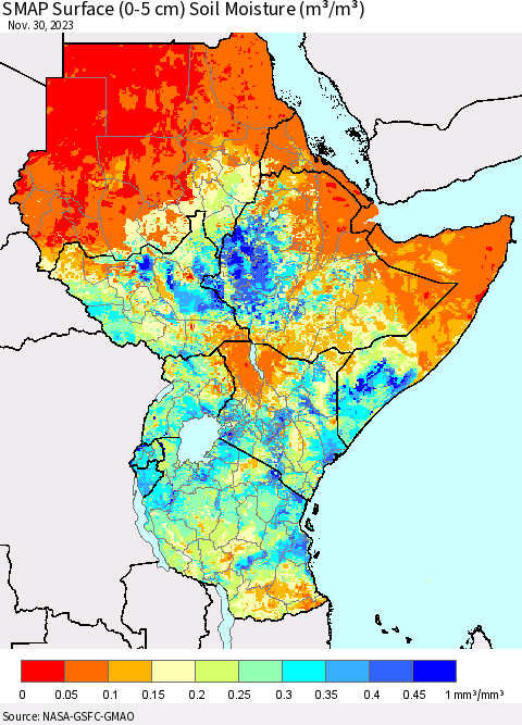 Eastern Africa SMAP Surface (0-5 cm) Soil Moisture (m³/m³) Thematic Map For 11/26/2023 - 11/30/2023
