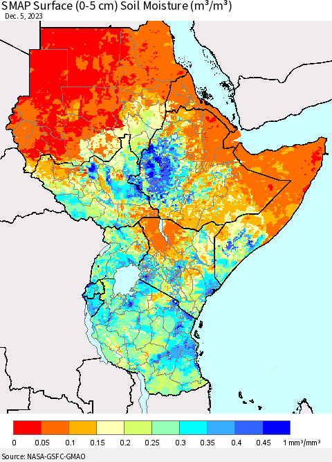 Eastern Africa SMAP Surface (0-5 cm) Soil Moisture (m³/m³) Thematic Map For 12/1/2023 - 12/5/2023