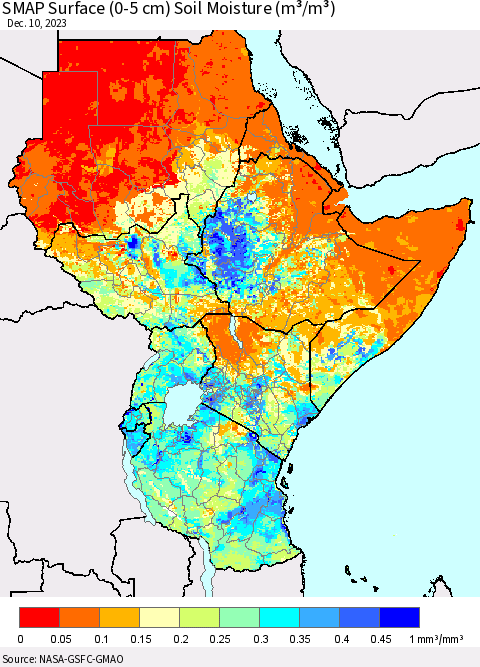 Eastern Africa SMAP Surface (0-5 cm) Soil Moisture (m³/m³) Thematic Map For 12/6/2023 - 12/10/2023