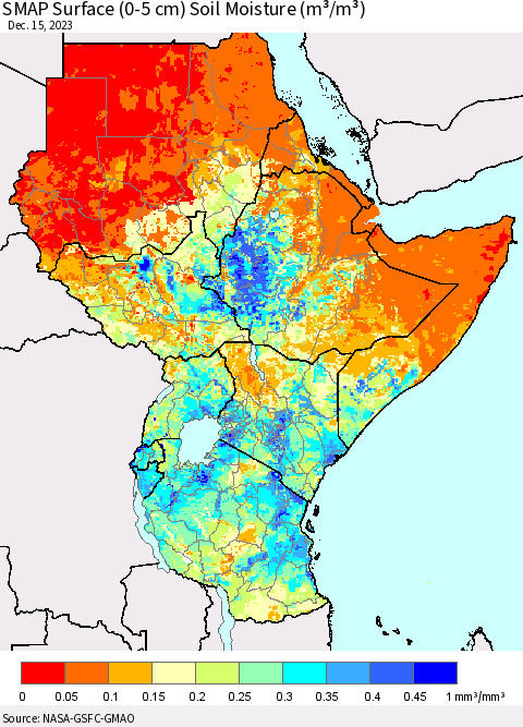 Eastern Africa SMAP Surface (0-5 cm) Soil Moisture (m³/m³) Thematic Map For 12/11/2023 - 12/15/2023