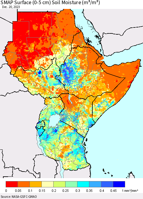 Eastern Africa SMAP Surface (0-5 cm) Soil Moisture (m³/m³) Thematic Map For 12/16/2023 - 12/20/2023