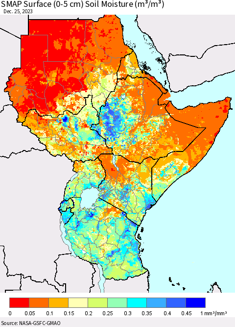 Eastern Africa SMAP Surface (0-5 cm) Soil Moisture (m³/m³) Thematic Map For 12/21/2023 - 12/25/2023