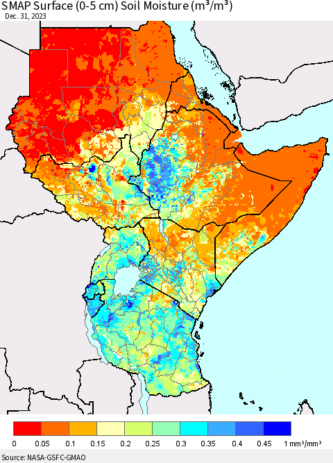 Eastern Africa SMAP Surface (0-5 cm) Soil Moisture (m³/m³) Thematic Map For 12/26/2023 - 12/31/2023