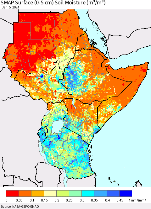 Eastern Africa SMAP Surface (0-5 cm) Soil Moisture (m³/m³) Thematic Map For 1/1/2024 - 1/5/2024