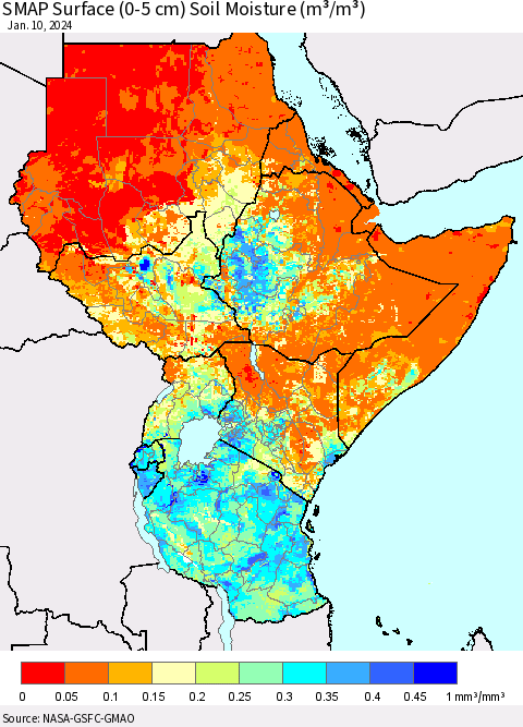 Eastern Africa SMAP Surface (0-5 cm) Soil Moisture (m³/m³) Thematic Map For 1/6/2024 - 1/10/2024