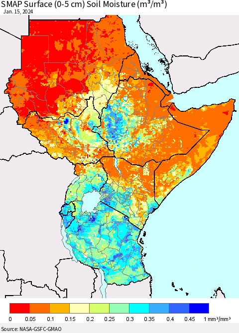 Eastern Africa SMAP Surface (0-5 cm) Soil Moisture (m³/m³) Thematic Map For 1/11/2024 - 1/15/2024