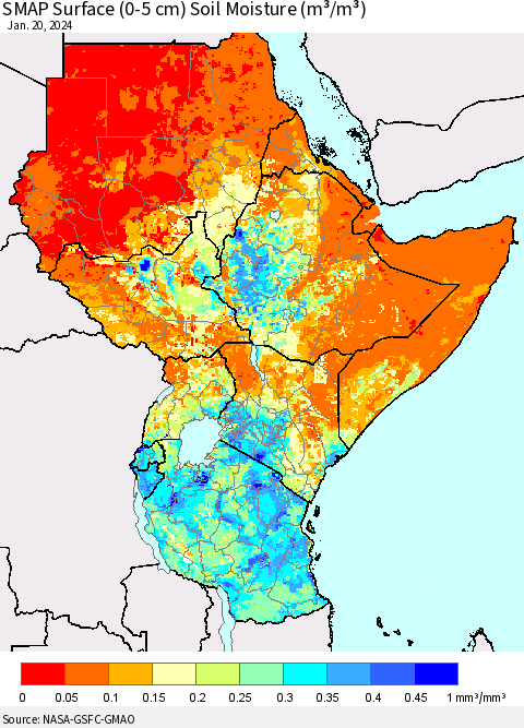 Eastern Africa SMAP Surface (0-5 cm) Soil Moisture (m³/m³) Thematic Map For 1/16/2024 - 1/20/2024