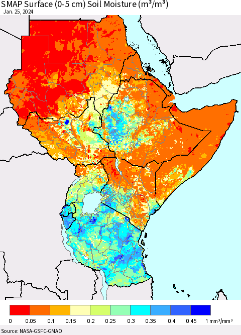 Eastern Africa SMAP Surface (0-5 cm) Soil Moisture (m³/m³) Thematic Map For 1/21/2024 - 1/25/2024