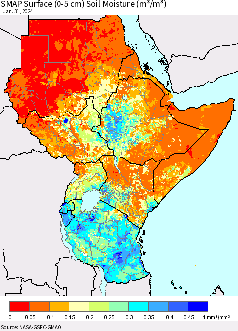 Eastern Africa SMAP Surface (0-5 cm) Soil Moisture (m³/m³) Thematic Map For 1/26/2024 - 1/31/2024