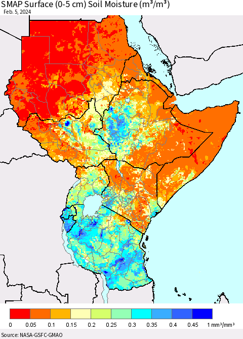 Eastern Africa SMAP Surface (0-5 cm) Soil Moisture (m³/m³) Thematic Map For 2/1/2024 - 2/5/2024
