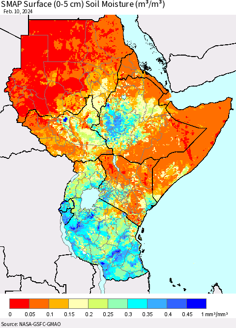 Eastern Africa SMAP Surface (0-5 cm) Soil Moisture (m³/m³) Thematic Map For 2/6/2024 - 2/10/2024