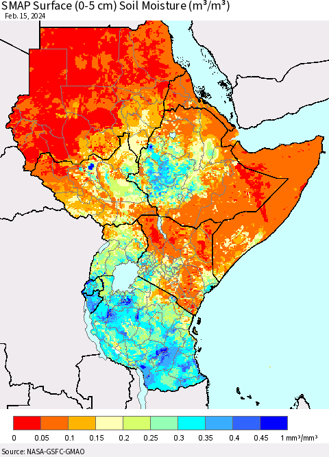 Eastern Africa SMAP Surface (0-5 cm) Soil Moisture (m³/m³) Thematic Map For 2/11/2024 - 2/15/2024