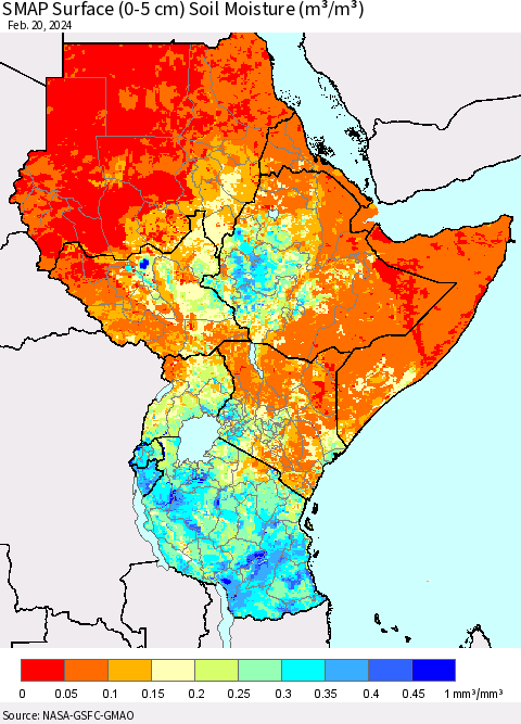 Eastern Africa SMAP Surface (0-5 cm) Soil Moisture (m³/m³) Thematic Map For 2/16/2024 - 2/20/2024