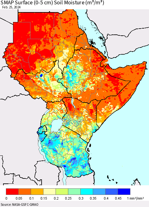 Eastern Africa SMAP Surface (0-5 cm) Soil Moisture (m³/m³) Thematic Map For 2/21/2024 - 2/25/2024