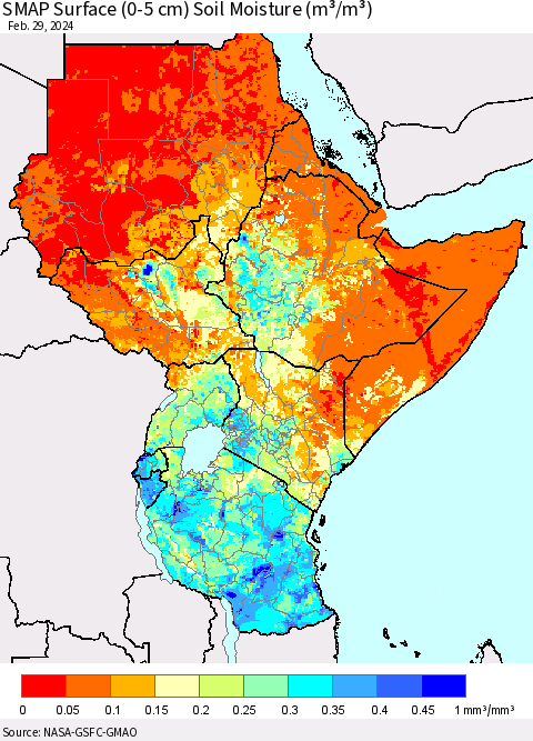 Eastern Africa SMAP Surface (0-5 cm) Soil Moisture (m³/m³) Thematic Map For 2/26/2024 - 2/29/2024