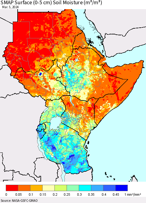 Eastern Africa SMAP Surface (0-5 cm) Soil Moisture (m³/m³) Thematic Map For 3/1/2024 - 3/5/2024