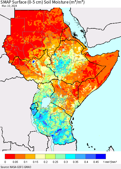Eastern Africa SMAP Surface (0-5 cm) Soil Moisture (m³/m³) Thematic Map For 3/6/2024 - 3/10/2024