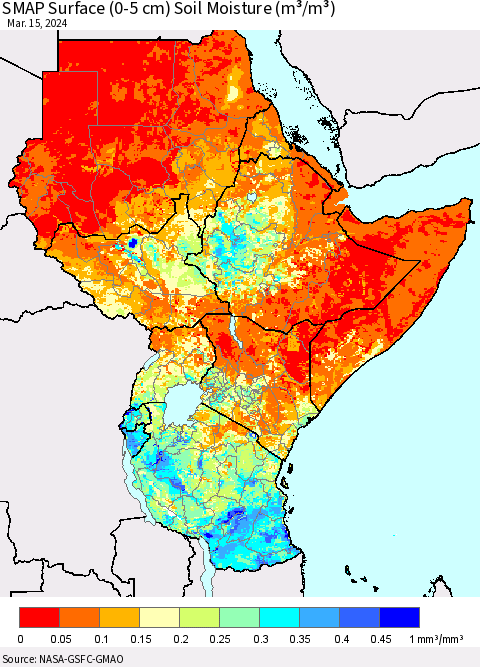 Eastern Africa SMAP Surface (0-5 cm) Soil Moisture (m³/m³) Thematic Map For 3/11/2024 - 3/15/2024