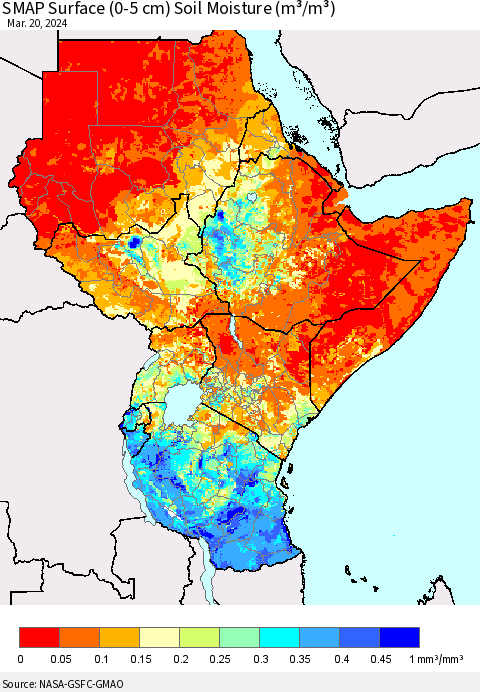 Eastern Africa SMAP Surface (0-5 cm) Soil Moisture (m³/m³) Thematic Map For 3/16/2024 - 3/20/2024