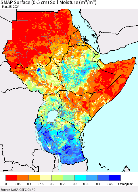 Eastern Africa SMAP Surface (0-5 cm) Soil Moisture (m³/m³) Thematic Map For 3/21/2024 - 3/25/2024