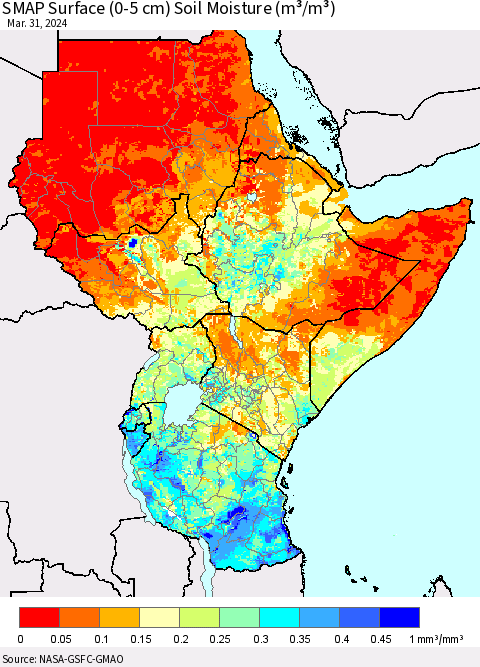Eastern Africa SMAP Surface (0-5 cm) Soil Moisture (m³/m³) Thematic Map For 3/26/2024 - 3/31/2024