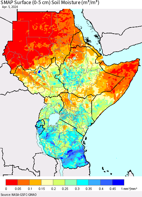 Eastern Africa SMAP Surface (0-5 cm) Soil Moisture (m³/m³) Thematic Map For 4/1/2024 - 4/5/2024