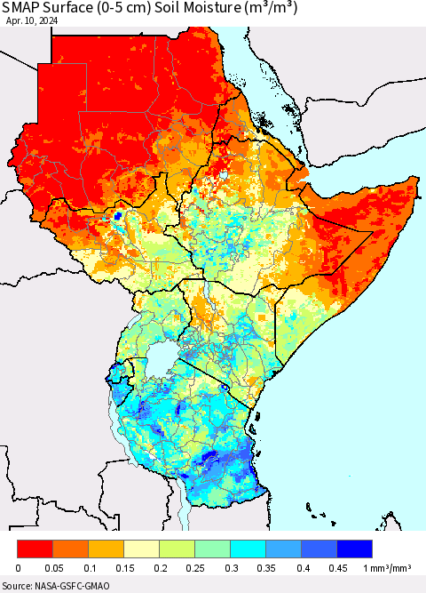 Eastern Africa SMAP Surface (0-5 cm) Soil Moisture (m³/m³) Thematic Map For 4/6/2024 - 4/10/2024