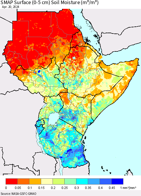 Eastern Africa SMAP Surface (0-5 cm) Soil Moisture (m³/m³) Thematic Map For 4/16/2024 - 4/20/2024