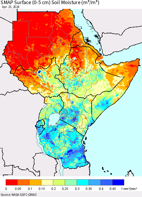 Eastern Africa SMAP Surface (0-5 cm) Soil Moisture (m³/m³) Thematic Map For 4/21/2024 - 4/25/2024