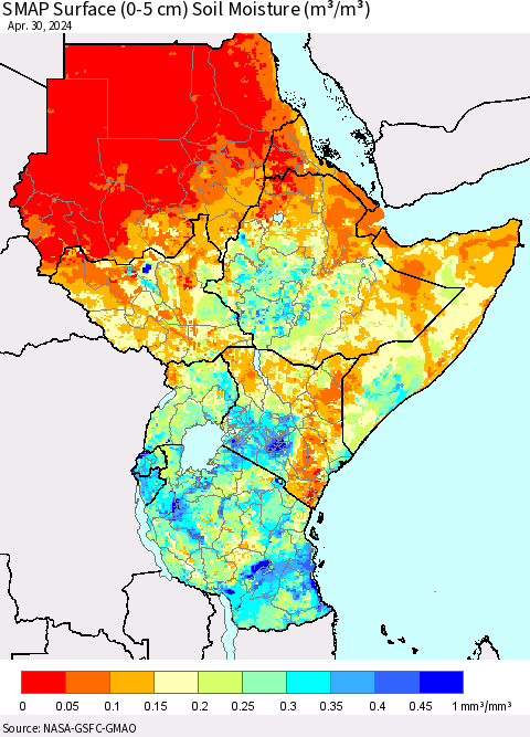 Eastern Africa SMAP Surface (0-5 cm) Soil Moisture (m³/m³) Thematic Map For 4/26/2024 - 4/30/2024
