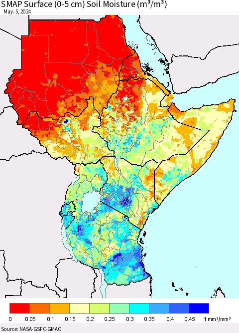 Eastern Africa SMAP Surface (0-5 cm) Soil Moisture (m³/m³) Thematic Map For 5/1/2024 - 5/5/2024