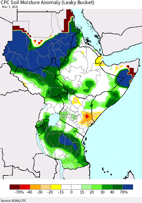 Eastern Africa CPC Soil Moisture Anomaly (Leaky Bucket) Thematic Map For 3/1/2021 - 3/5/2021