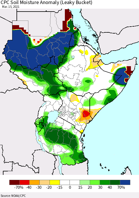 Eastern Africa CPC Soil Moisture Anomaly (Leaky Bucket) Thematic Map For 3/11/2021 - 3/15/2021