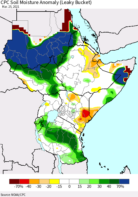 Eastern Africa CPC Soil Moisture Anomaly (Leaky Bucket) Thematic Map For 3/21/2021 - 3/25/2021