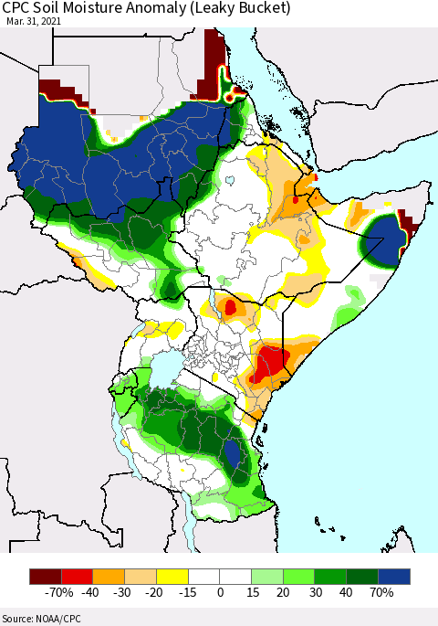 Eastern Africa CPC Soil Moisture Anomaly (Leaky Bucket) Thematic Map For 3/26/2021 - 3/31/2021